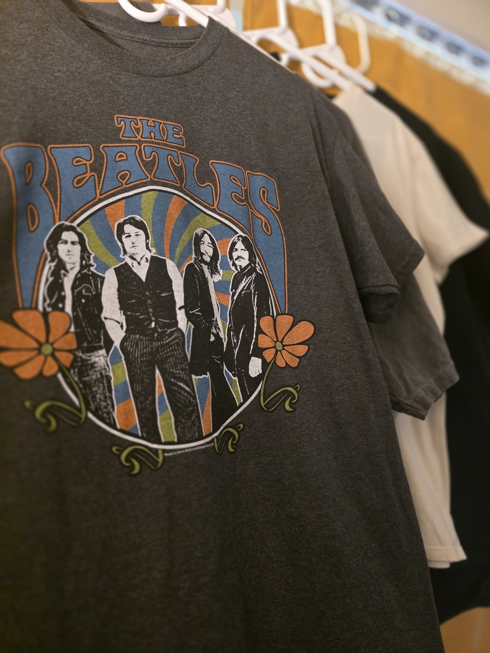 The Beatles Charcoal Gray Vintage Band Tee with Orange & Blue Graphic